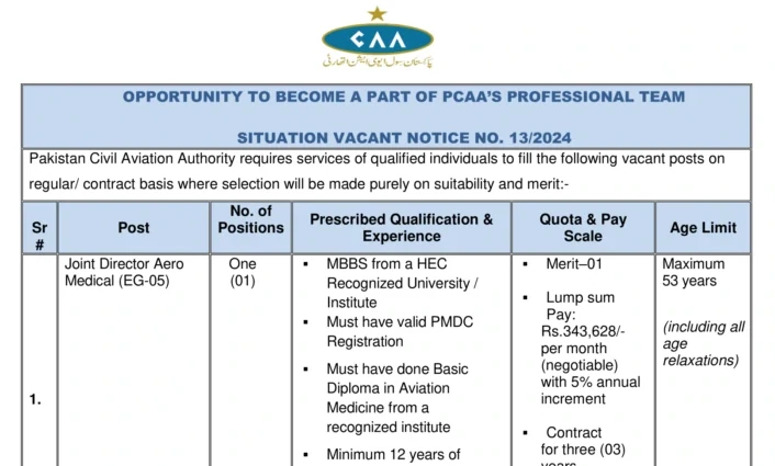 Pakistan Civil Aviation Authority (PCAA) Advertisement 2024